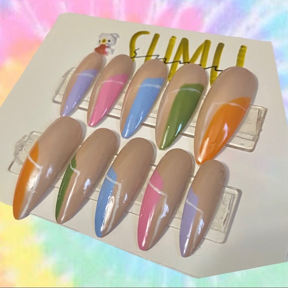 HANDPAINTED RAINBOW COLOURBLOCK GEL PRESS ON NAILS - Picture 2 of 3